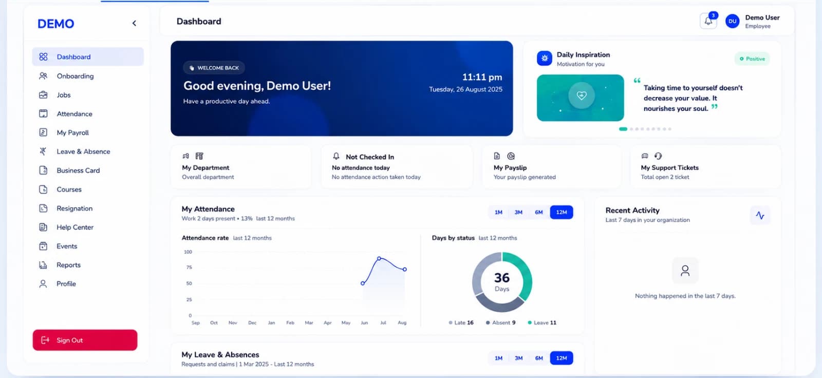 The FlexziWorkforce dashboard, with attendance, payslips and leave at a glance