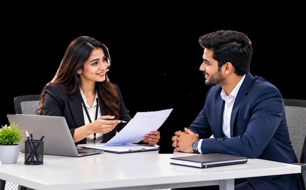 A recruiter interviewing a candidate across a desk, with a laptop and the candidate's documents
