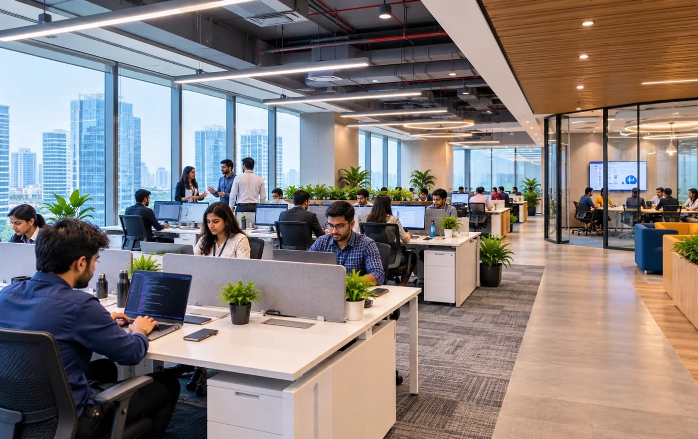 A modern open-plan office where teams work at desks with city views