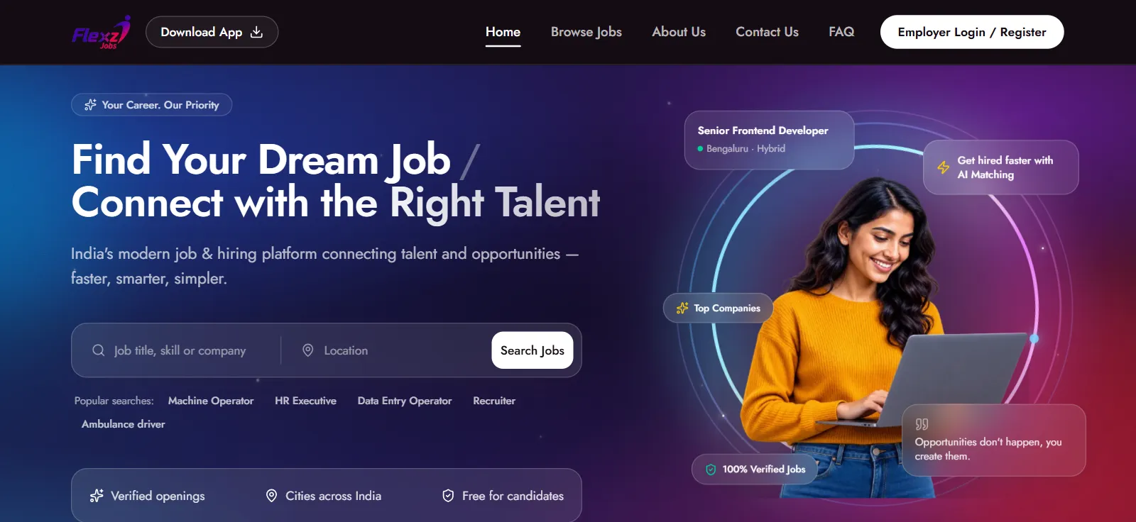 The flexzijobs.com homepage: search jobs by title, skill or company and location